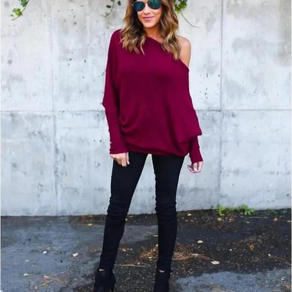 Women's Off-Shoulder Sweater knit loose tops Burgundy